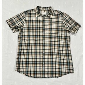 Prana Mens Large Short Sleeve Plaid Button Down Shirt Tan Blue Cotton Blend LRG